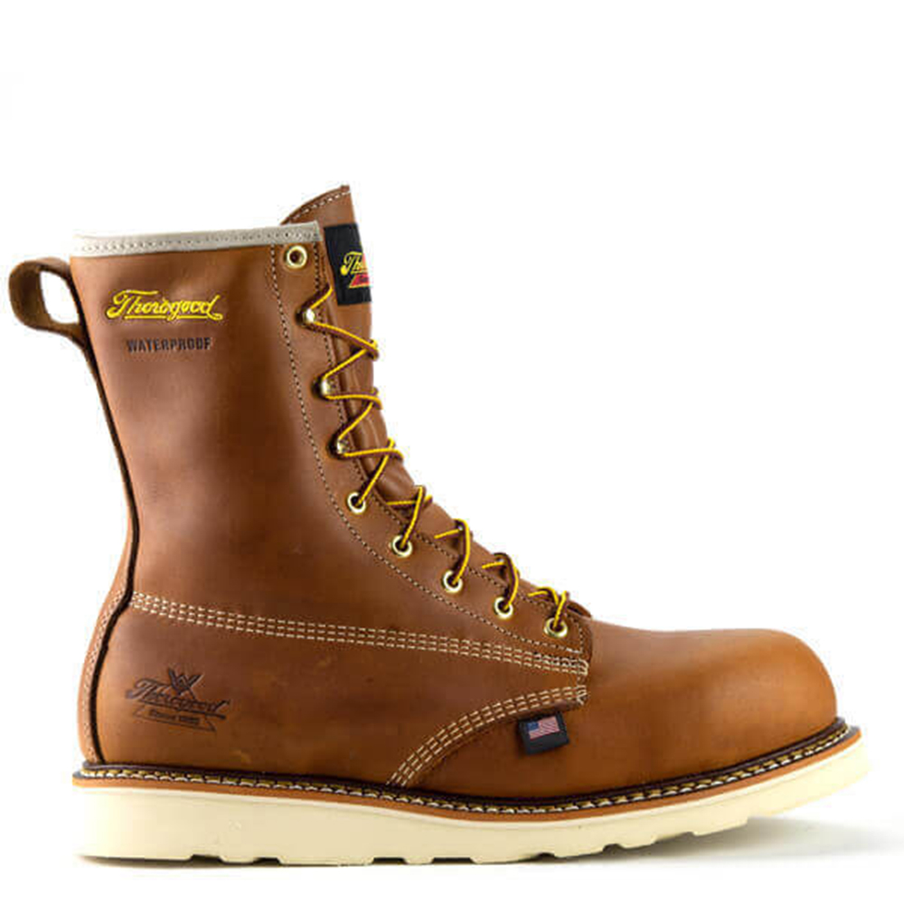 Thorogood Men's American Heritage Waterproof 8 Inch Tobacco Composite Toe Maxwear Wedge Plain Toe Work Boots from GME Supply